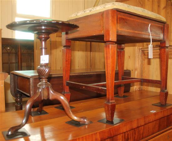 Edwardian banded mahogany piano stool & an Edwardian mahogany shaped circular top tripod wine table